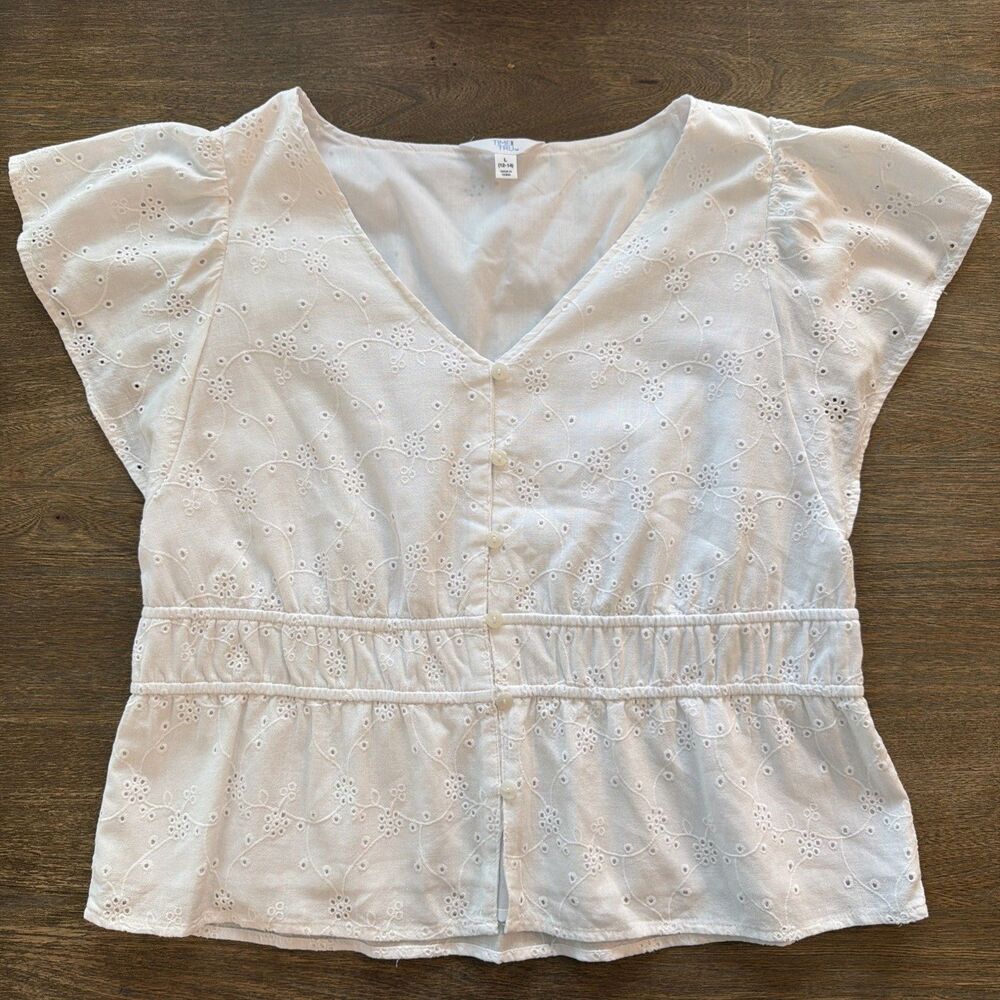 Time and Tru White Eyelet Babydoll Blouse Large Cottagecore Coquette Boho